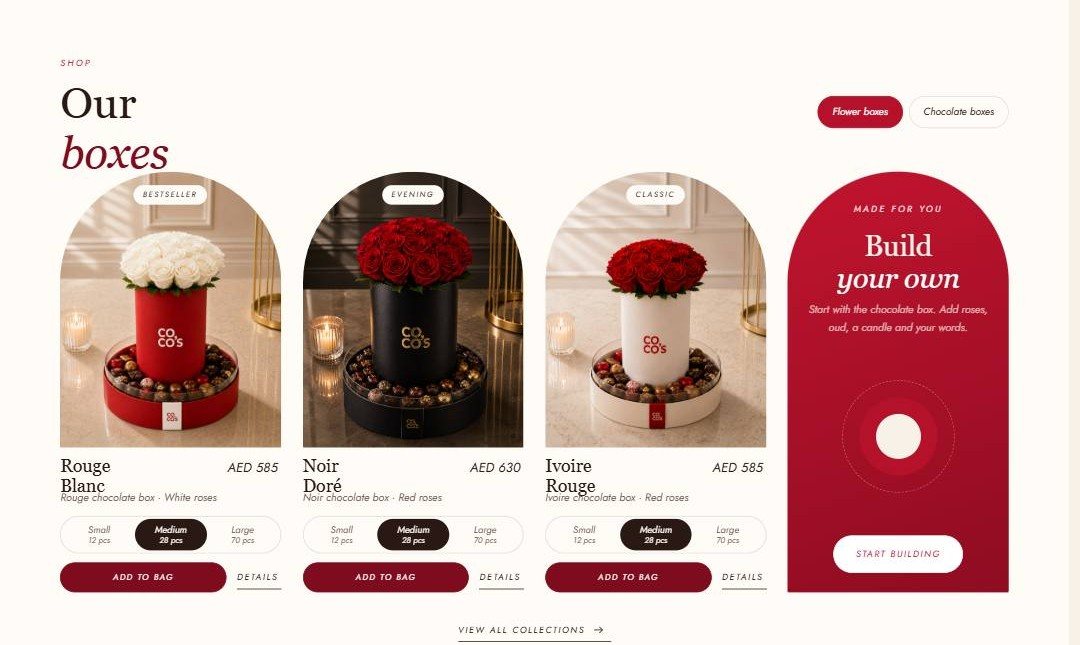 Our boxes — signature rose & chocolate boxes with size pickers, plus Build your own