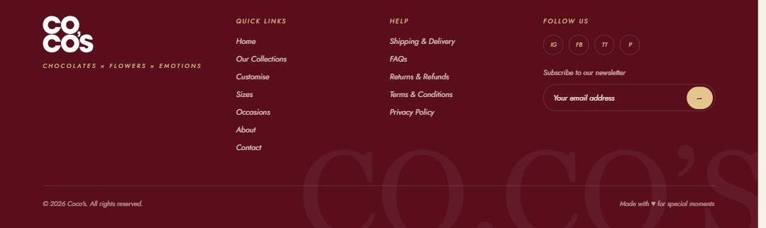 Footer with quick links, help and newsletter