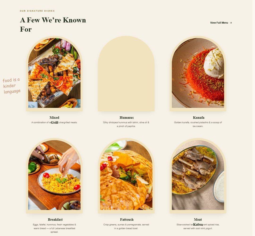 Signature dishes in arched cards