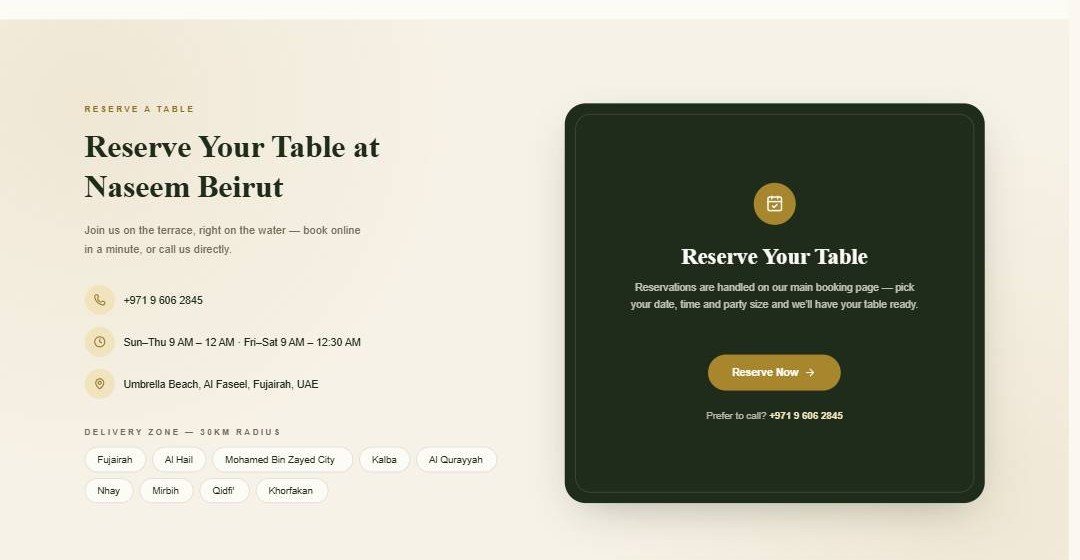 Reserve a table, delivery zones and opening hours