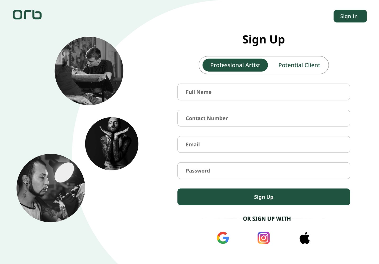 Sign up — artist or client