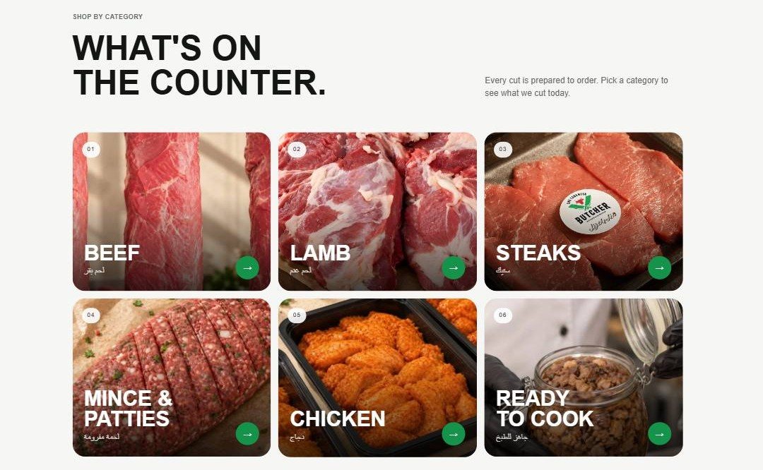 “What’s on the counter” — shop by category, Arabic labels throughout